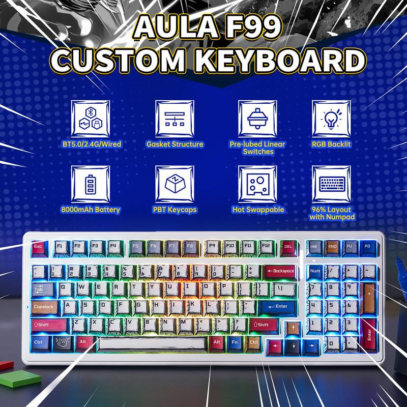 AULA F99 Wireless Mechanical Keyboard, Hot Swappable Custom Keyboard,Pre-Lubed Linear Switches,Gasket Structure,Rgb Backlit Gaming Keyboard