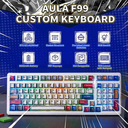 AULA F99 Wireless Mechanical Keyboard, Hot Swappable Custom Keyboard,Pre-Lubed Linear Switches,Gasket Structure,Rgb Backlit Gaming Keyboard