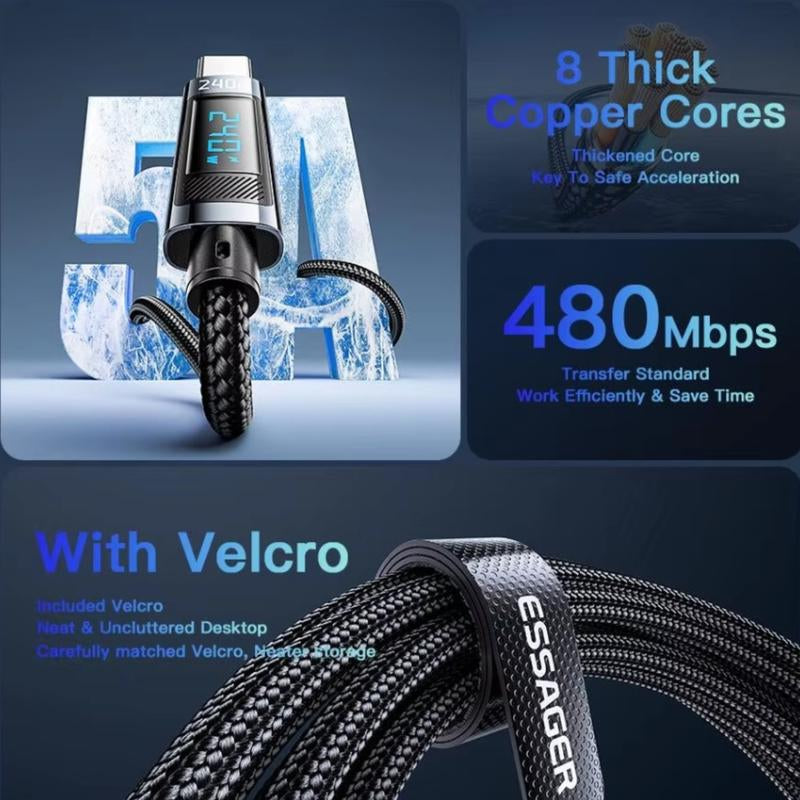 Smartsync Fast Charge Digital Display USB Cable 240W Type C to Type C with Sleek Digital Display, Durable Construction & Magnetic Attachment