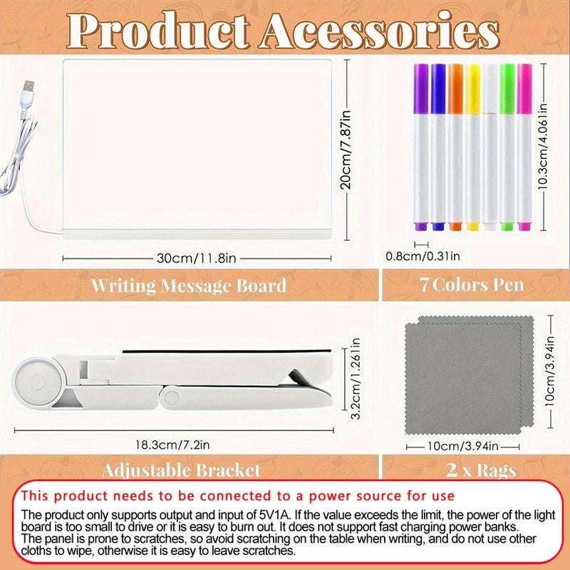 Rewritable Acrylic Message Board, 1/8 Counts USB Powered Illuminated Dry Erase Board with Stand & Markers & Rags, Room Accessories, LED Display Board, School Supplies