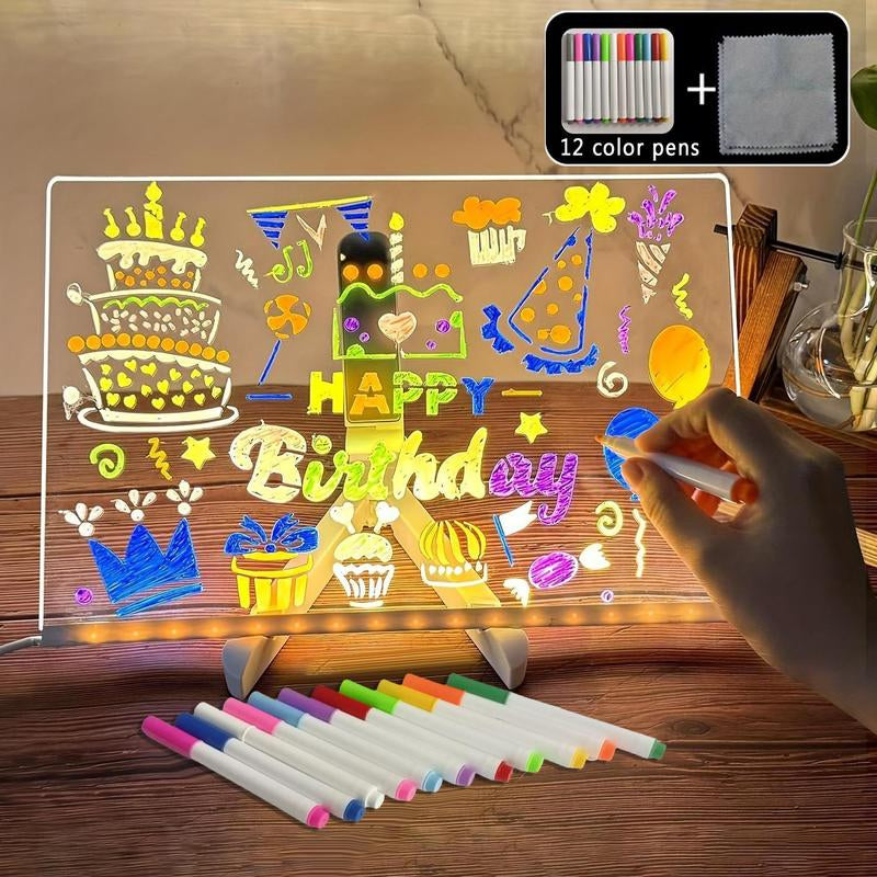 Rewritable Acrylic Message Board, 1/8 Counts USB Powered Illuminated Dry Erase Board with Stand & Markers & Rags, Room Accessories, LED Display Board, School Supplies