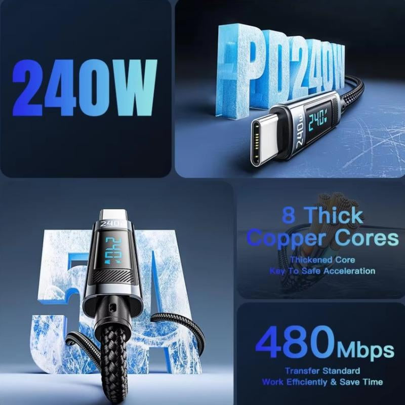 Smartsync Fast Charge Digital Display USB Cable 240W Type C to Type C with Sleek Digital Display, Durable Construction & Magnetic Attachment