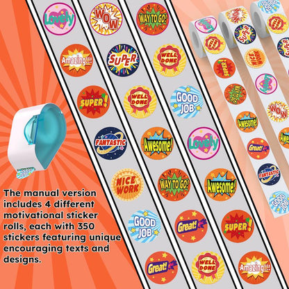 Manual Sticker Dispenser, Student Reward, Teacher Appreciation Gift with 1400 Stickers, Contains Various Patterns of Stickers, Easy to Install, Easy to Use, Suitable for Use with Student Rewards, Teacher Supplies