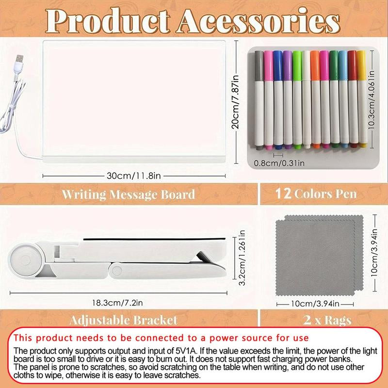 Rewritable Acrylic Message Board, 1/8 Counts USB Powered Illuminated Dry Erase Board with Stand & Markers & Rags, Room Accessories, LED Display Board, School Supplies
