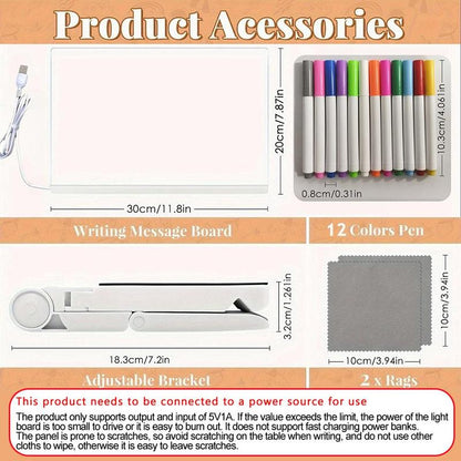 Rewritable Acrylic Message Board, 1/8 Counts USB Powered Illuminated Dry Erase Board with Stand & Markers & Rags, Room Accessories, LED Display Board, School Supplies